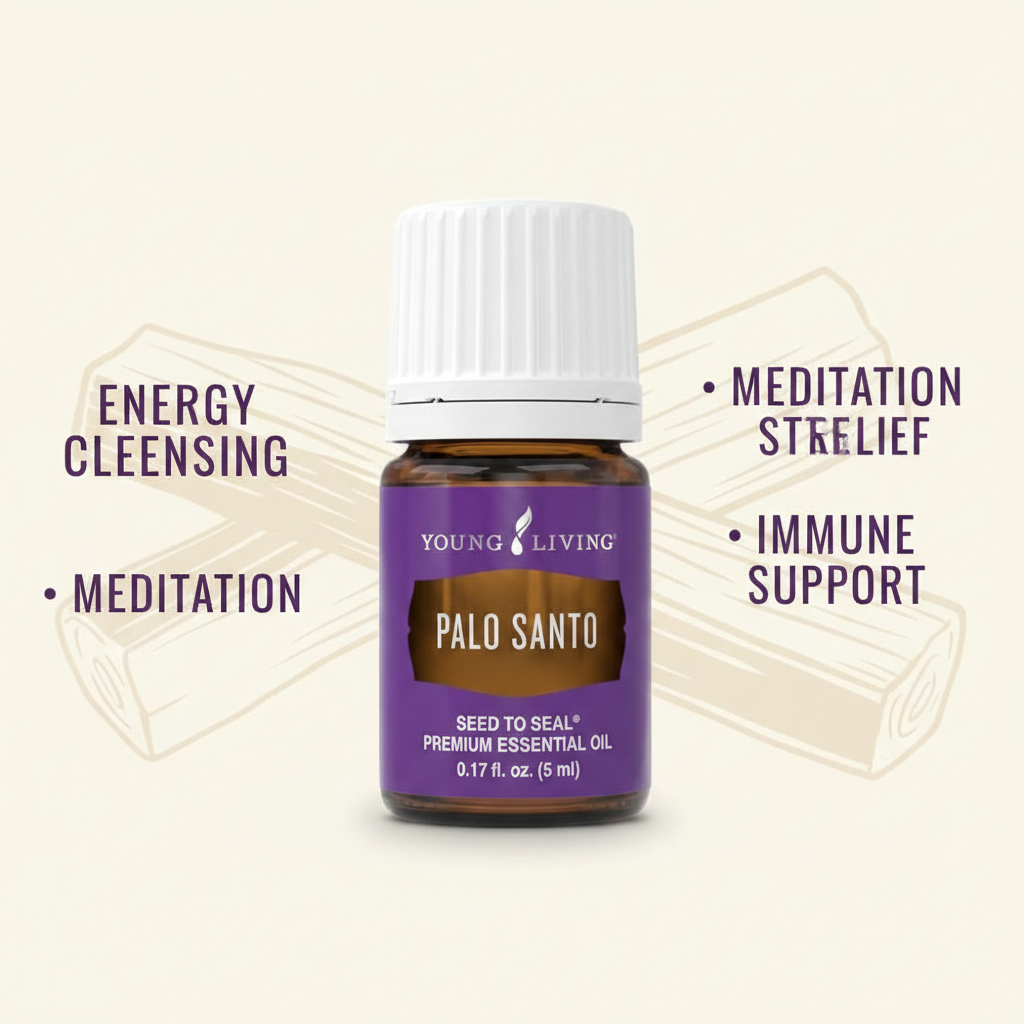 Palo Santo oil uses infographic - energy cleansing meditation stress relief immune support