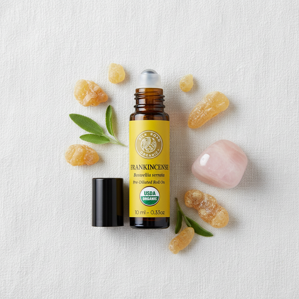 Frankincense roll-on flat lay with crystals and botanicals