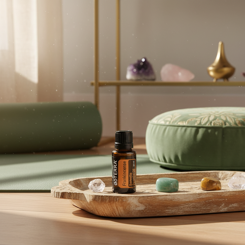 doTERRA Frankincense Essential Oil on wooden tray with yoga mat and crystals in morning sunlight