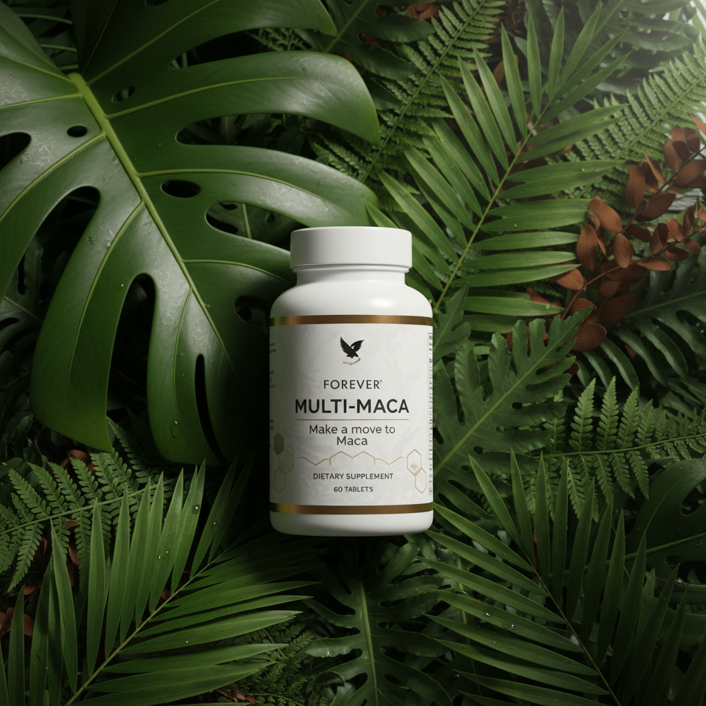 Forever Multi-Maca bottle on lush green botanical background