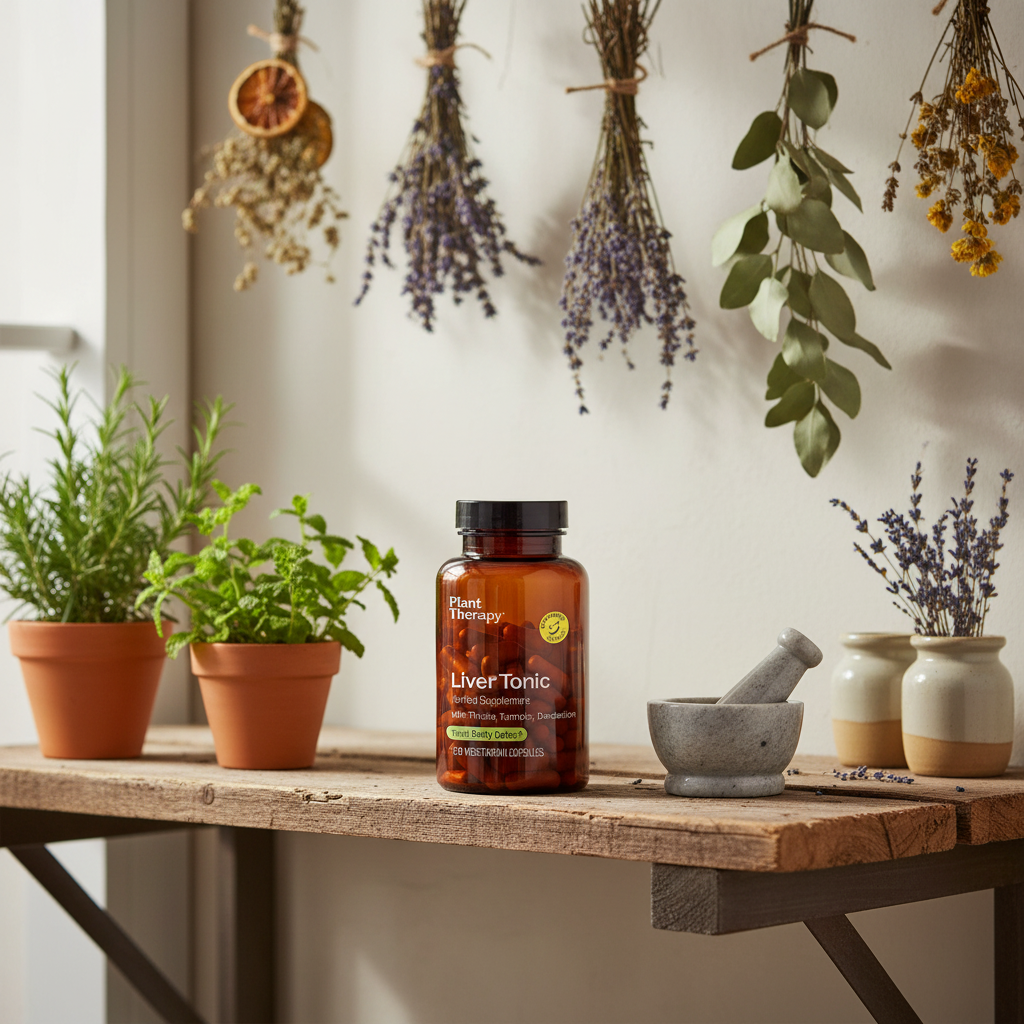 Plant Therapy Liver Tonic on wooden shelf with botanical herbs and mortar