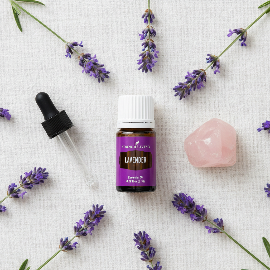 Young Living Lavender Essential Oil flat lay minimalist