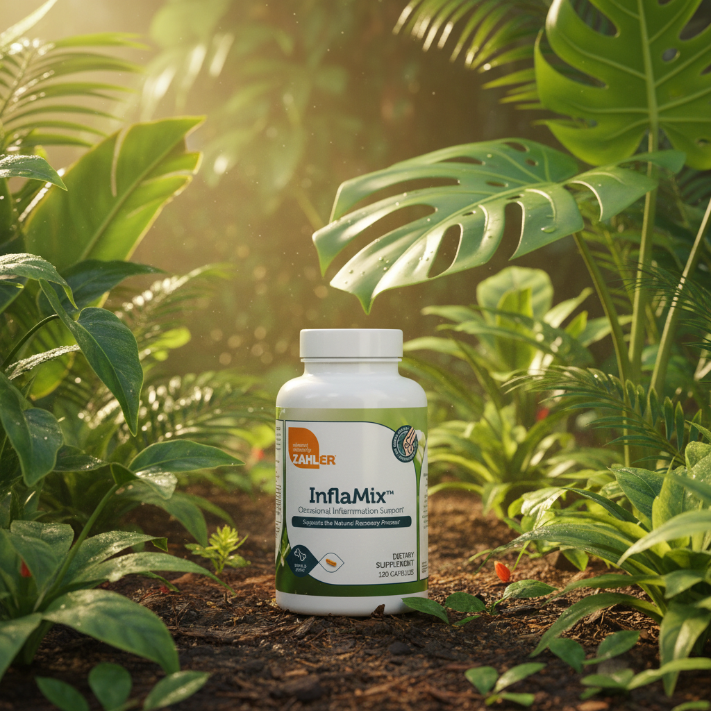 InflaMix bottle in lush botanical nature setting