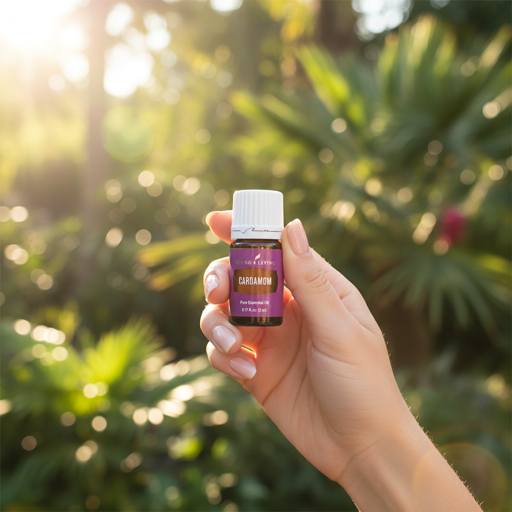 Cardamom essential oil held in hand with green botanical garden background