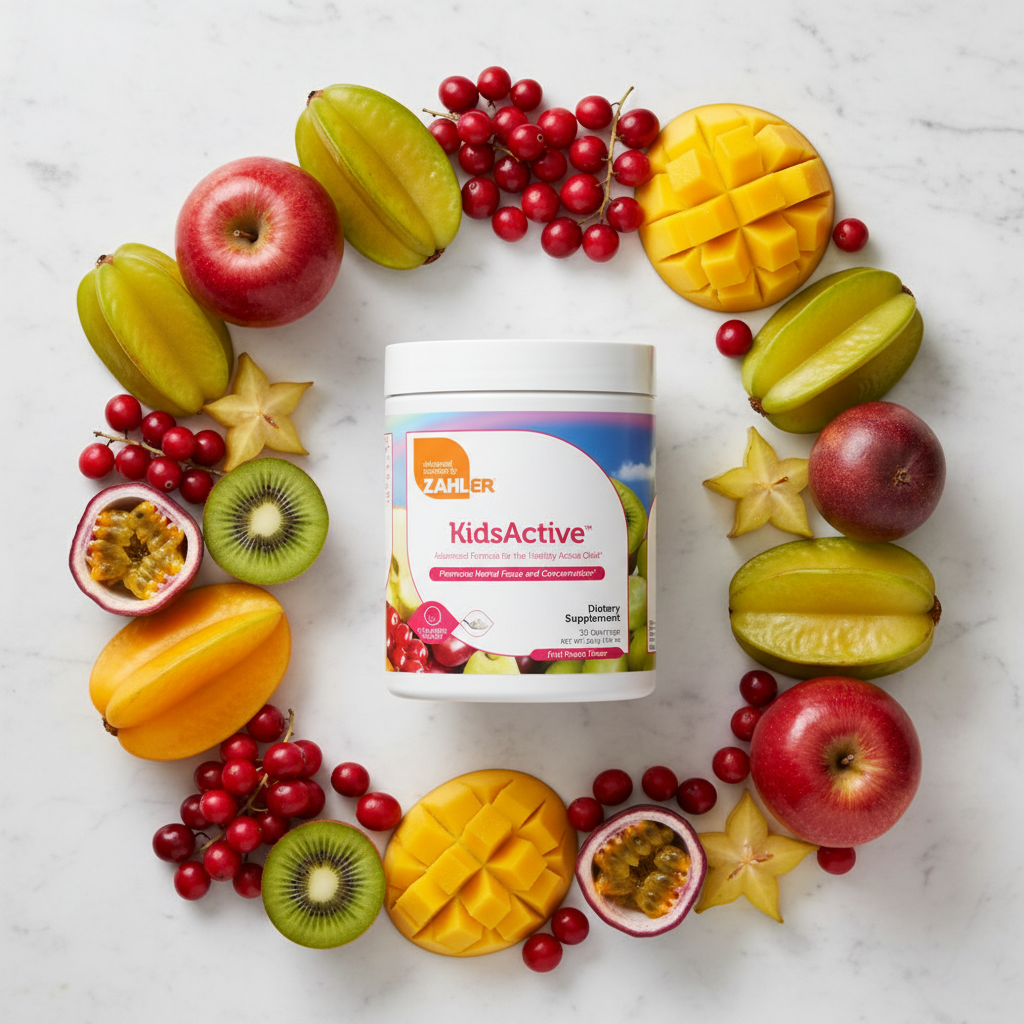 Zahler KidsActive flat lay with fruits
