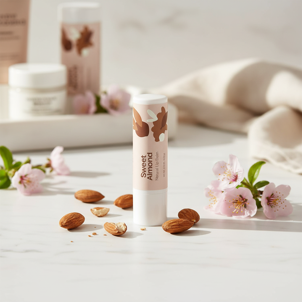 Sweet Almond Natural Lip Balm on marble vanity with almonds and pink flowers