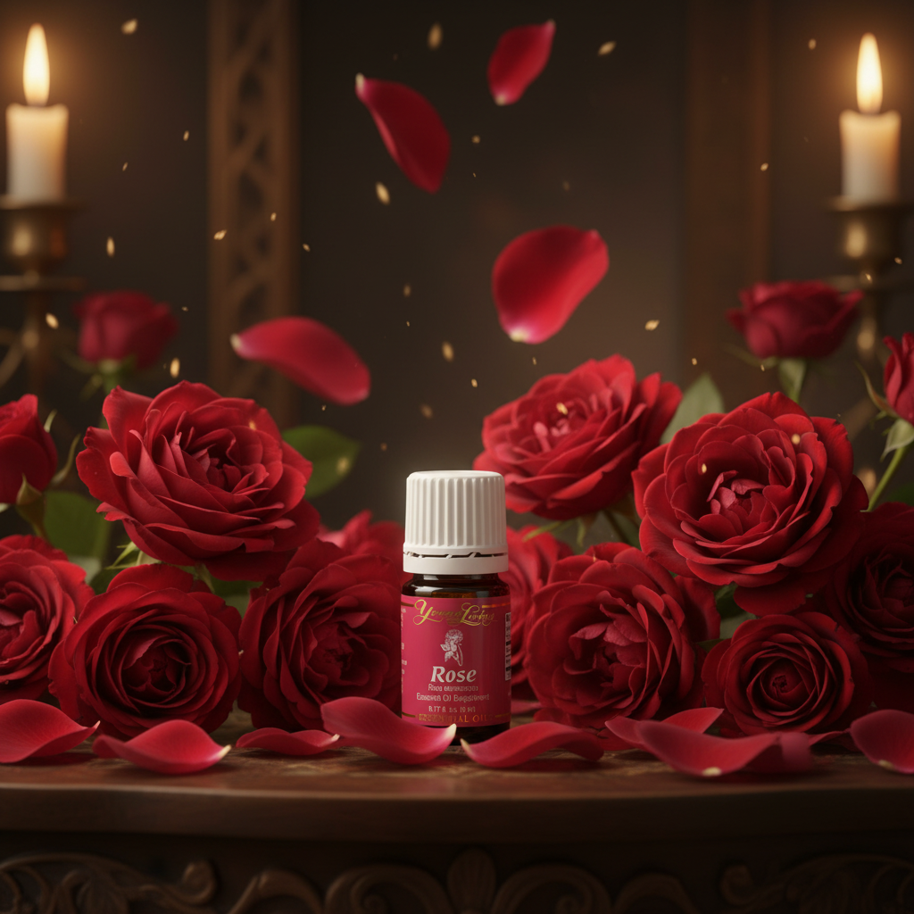 Young Living Rose Essential Oil with lush Damask roses dark candlelit background