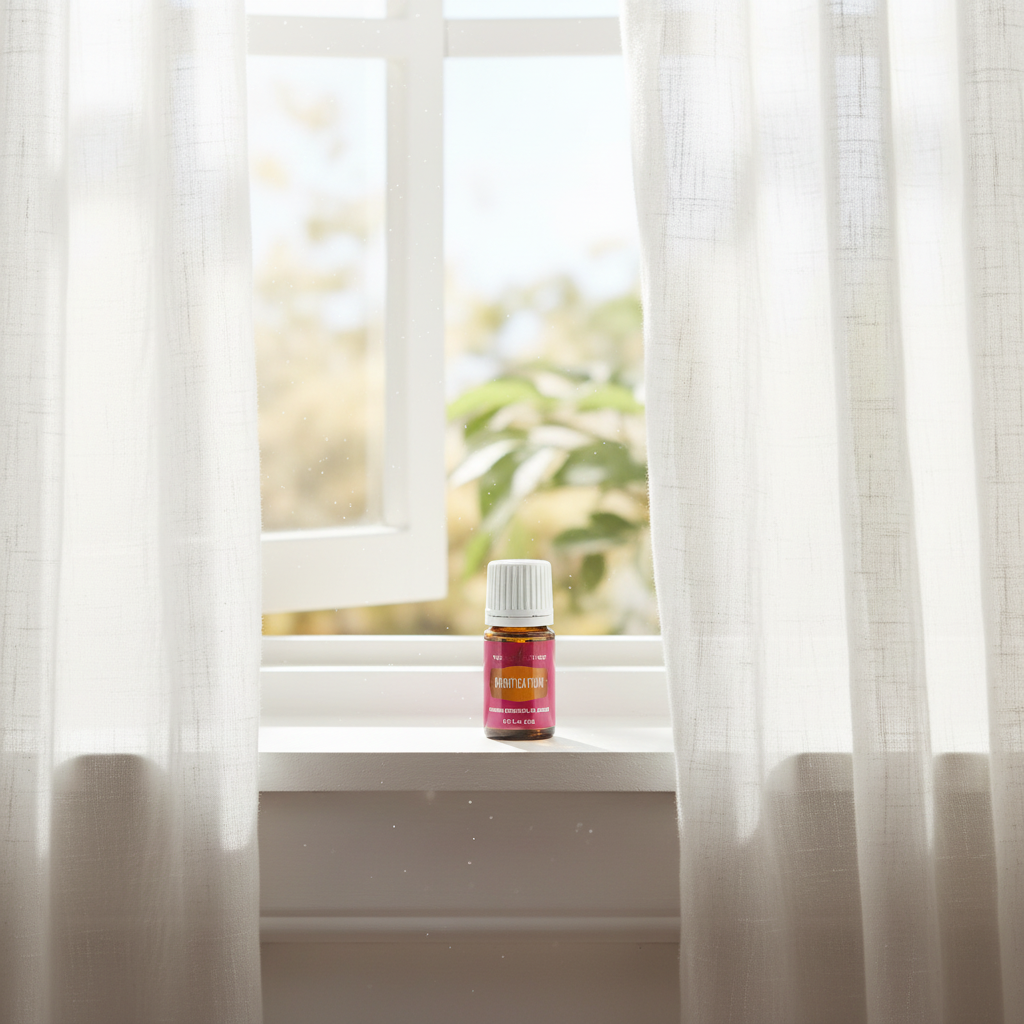 Purification oil in bright airy window setting with white linen and sunlight