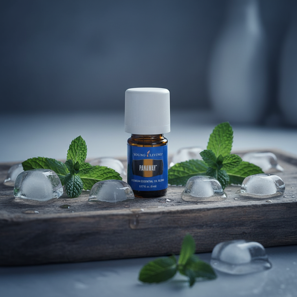 PanAway essential oil on rustic tray with mint and cooling elements