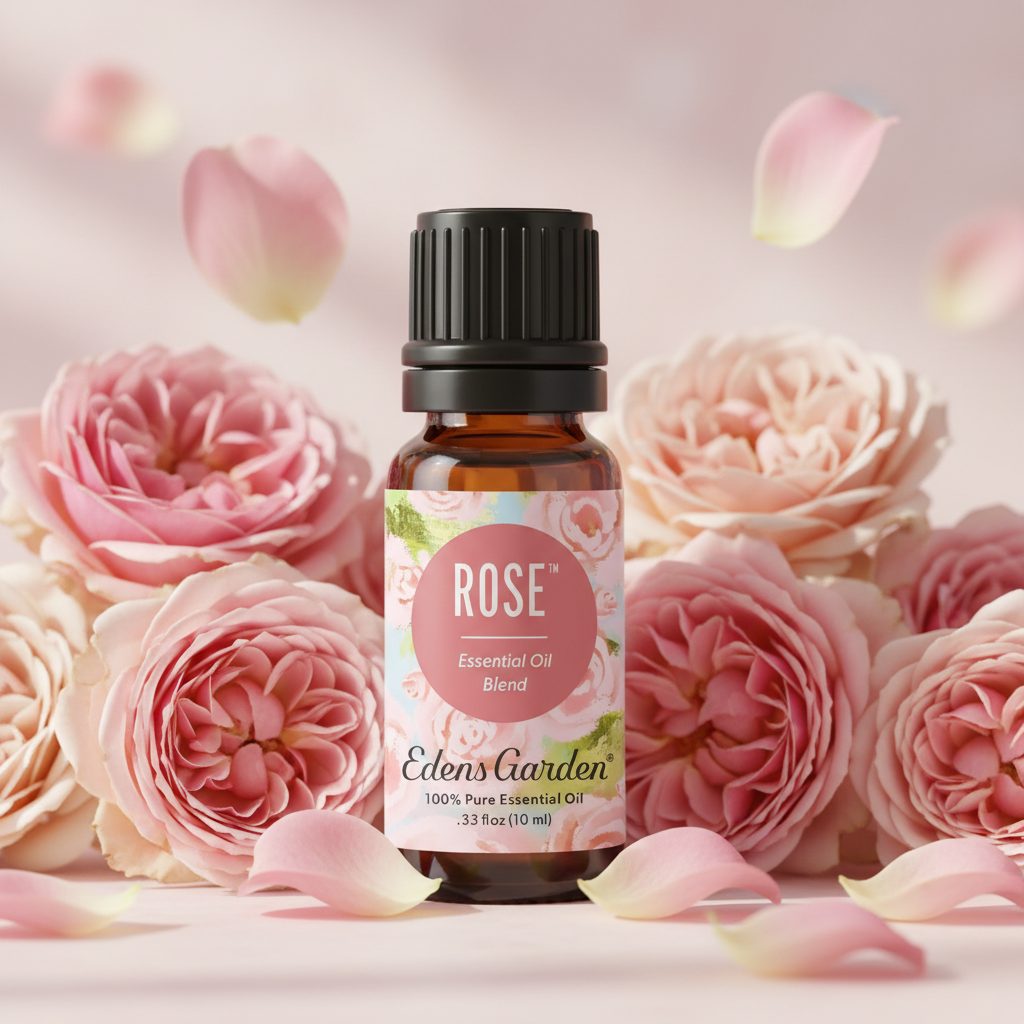 Edens Garden Rose Essential Oil surrounded by lush pink rose blooms