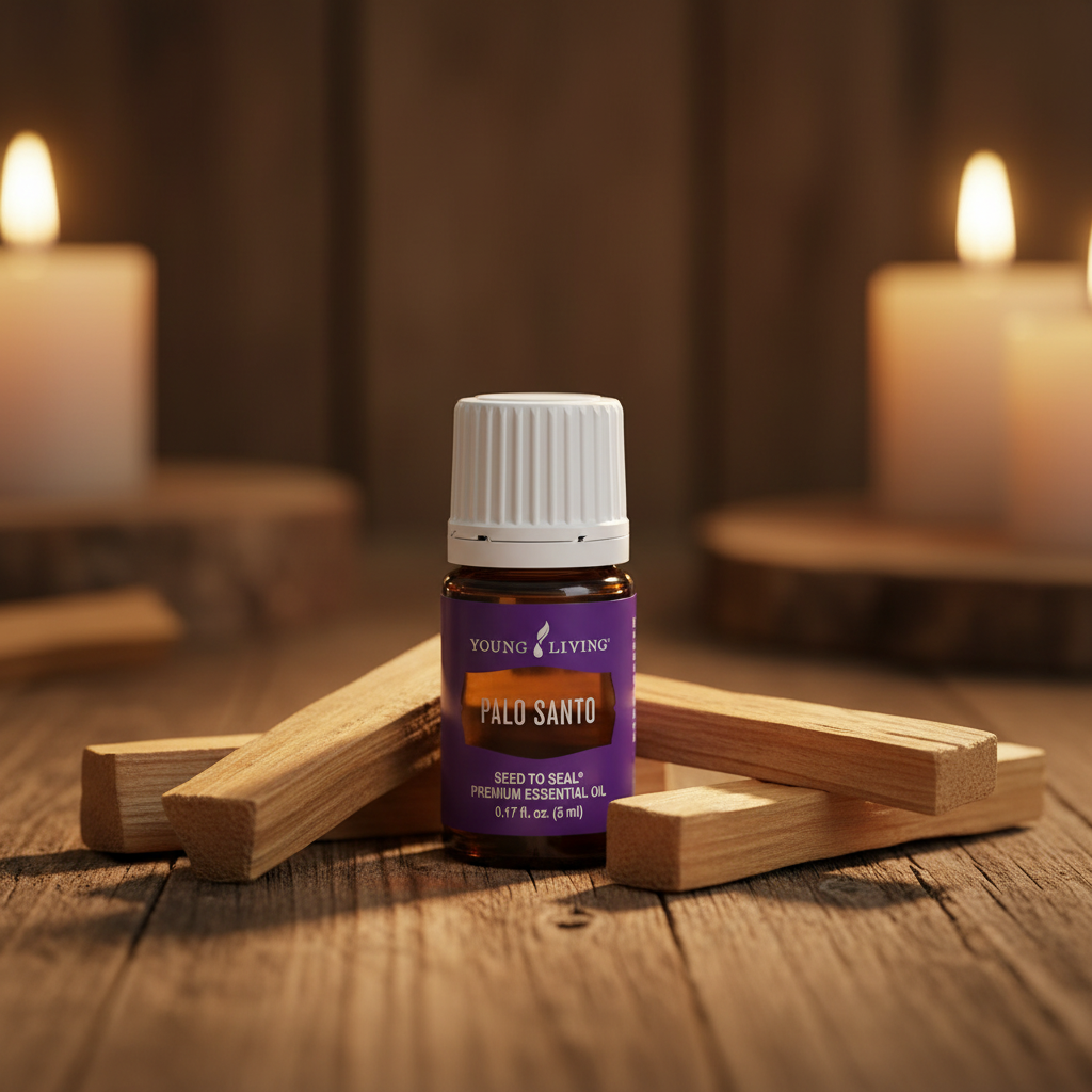 Palo Santo oil with palo santo wood sticks and candlelight
