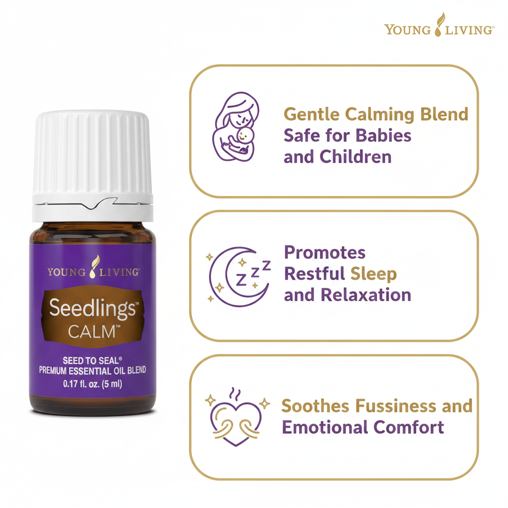 Seedlings Calm Essential Oil key benefits infographic