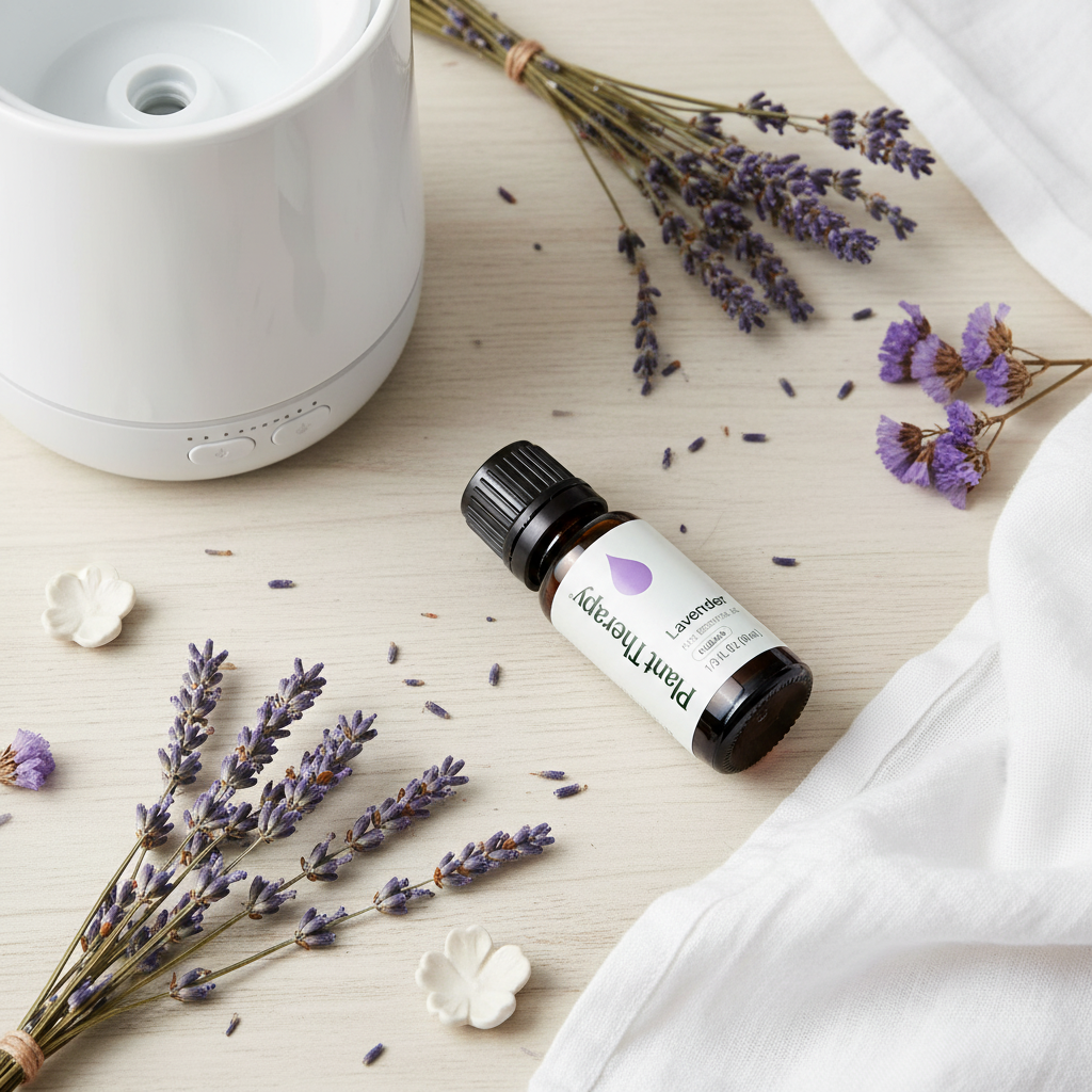 Flat lay with dried lavender bundles, wildflowers and ceramic diffuser