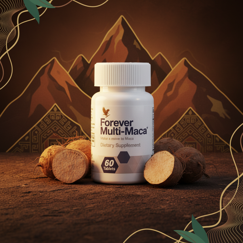 Forever Multi-Maca bottle on earthy brown Andean background
