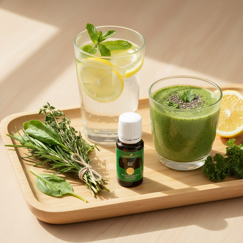 GLF bottle on morning detox wellness tray with lemon water and green smoothie