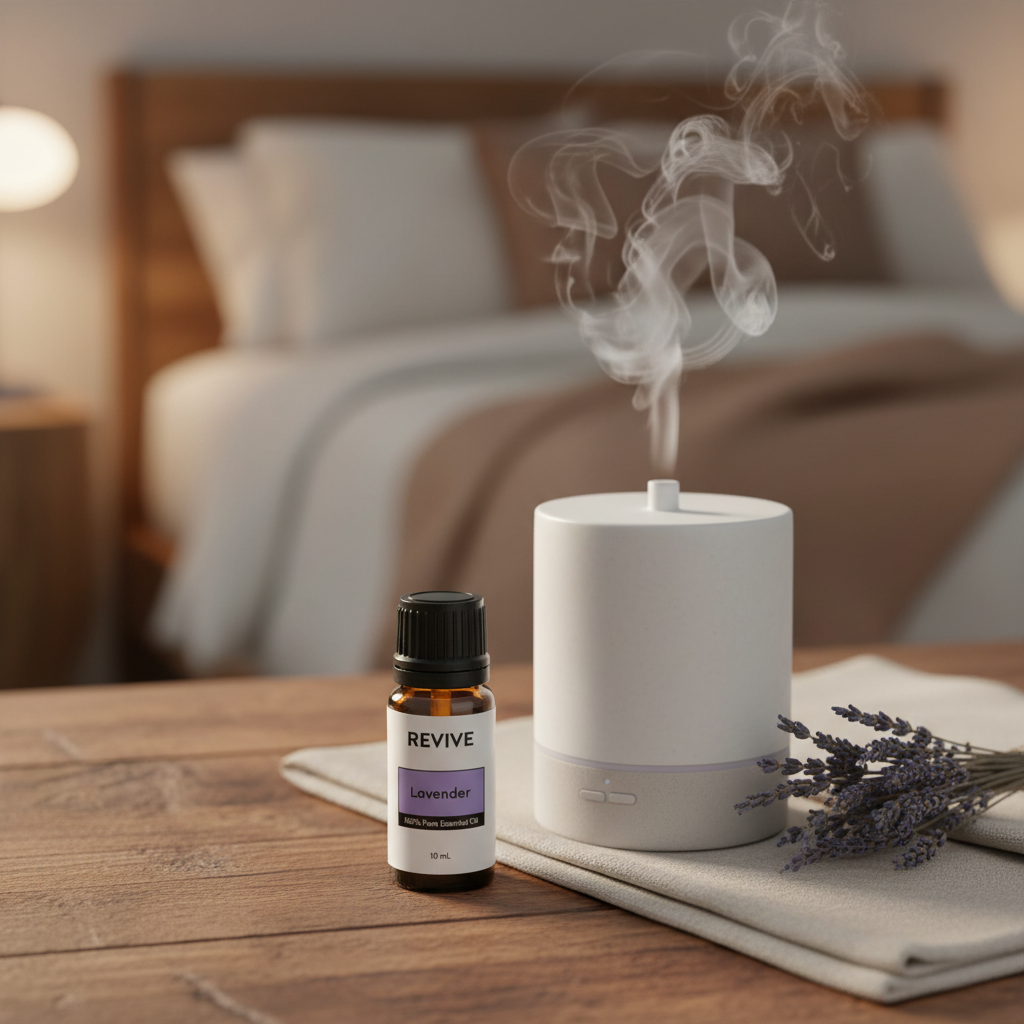 REVIVE Lavender Essential Oil diffuser bedroom wellness scene