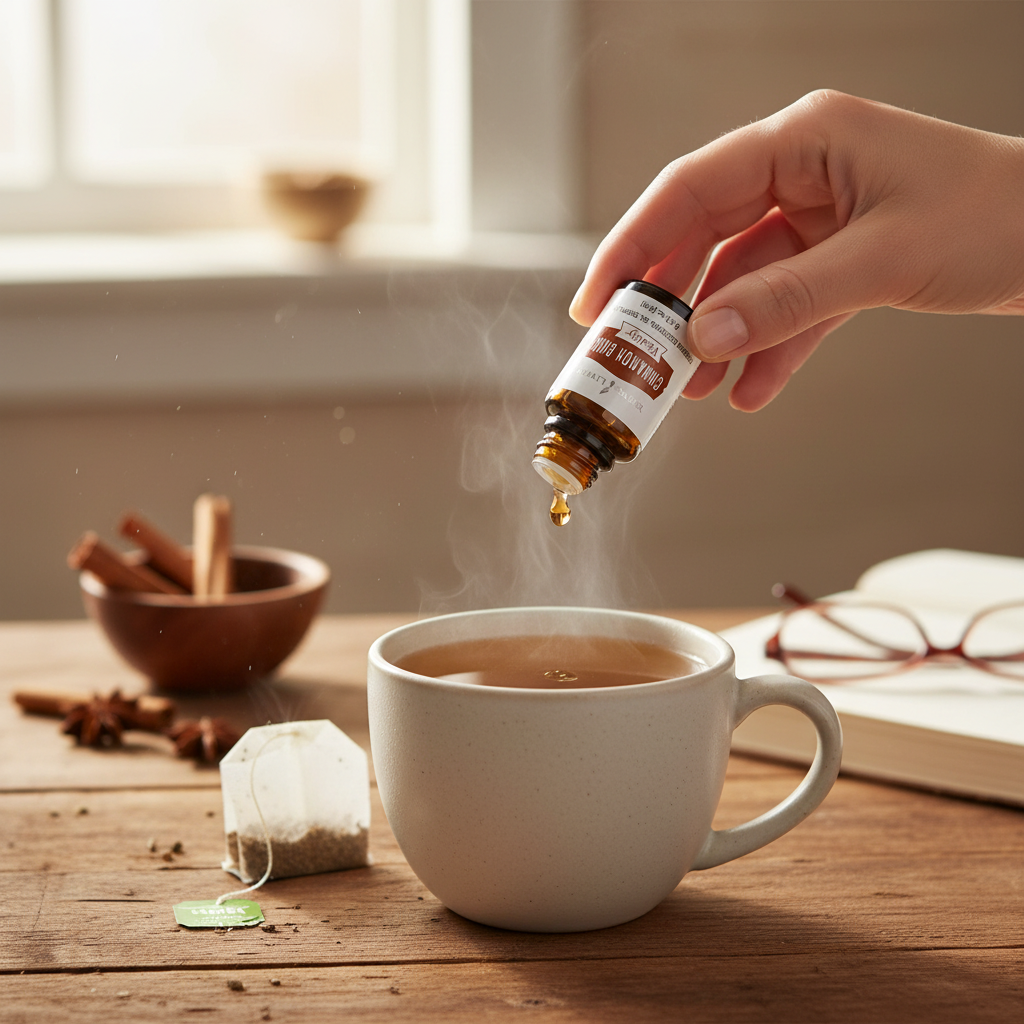 Cinnamon Bark Vitality drop falling into warm herbal tea