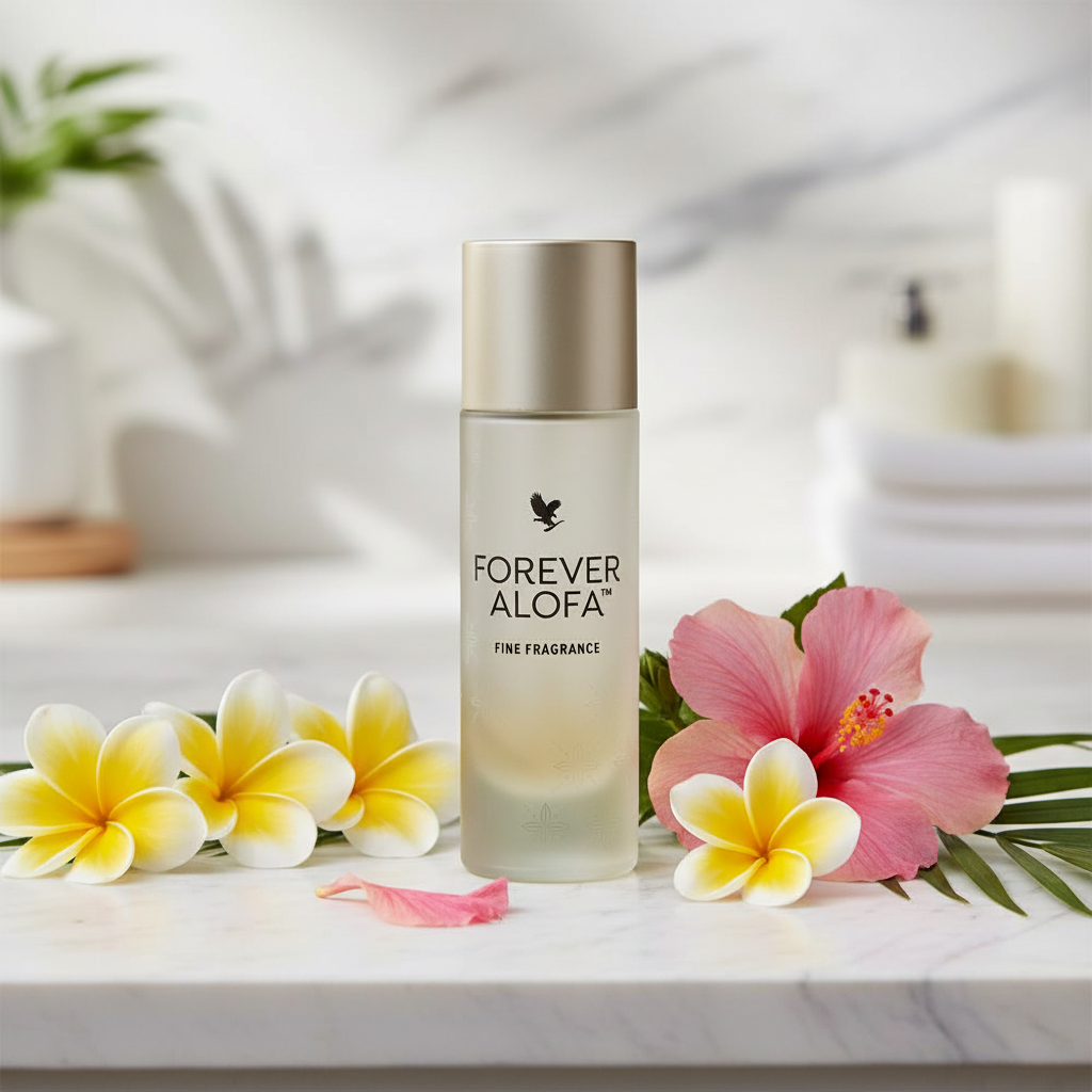 Forever Alofa Fine Fragrance on white marble with frangipani flowers