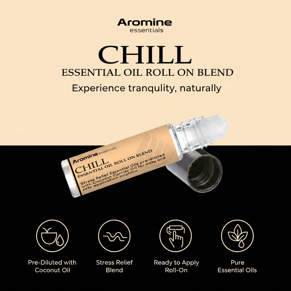 Aromine Essentials Chill Roll-On Blend key benefits infographic
