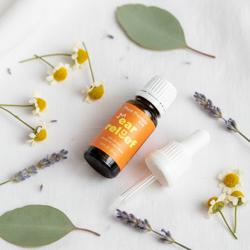 Botanical flat lay with Plant Therapy Kids Ear Relief