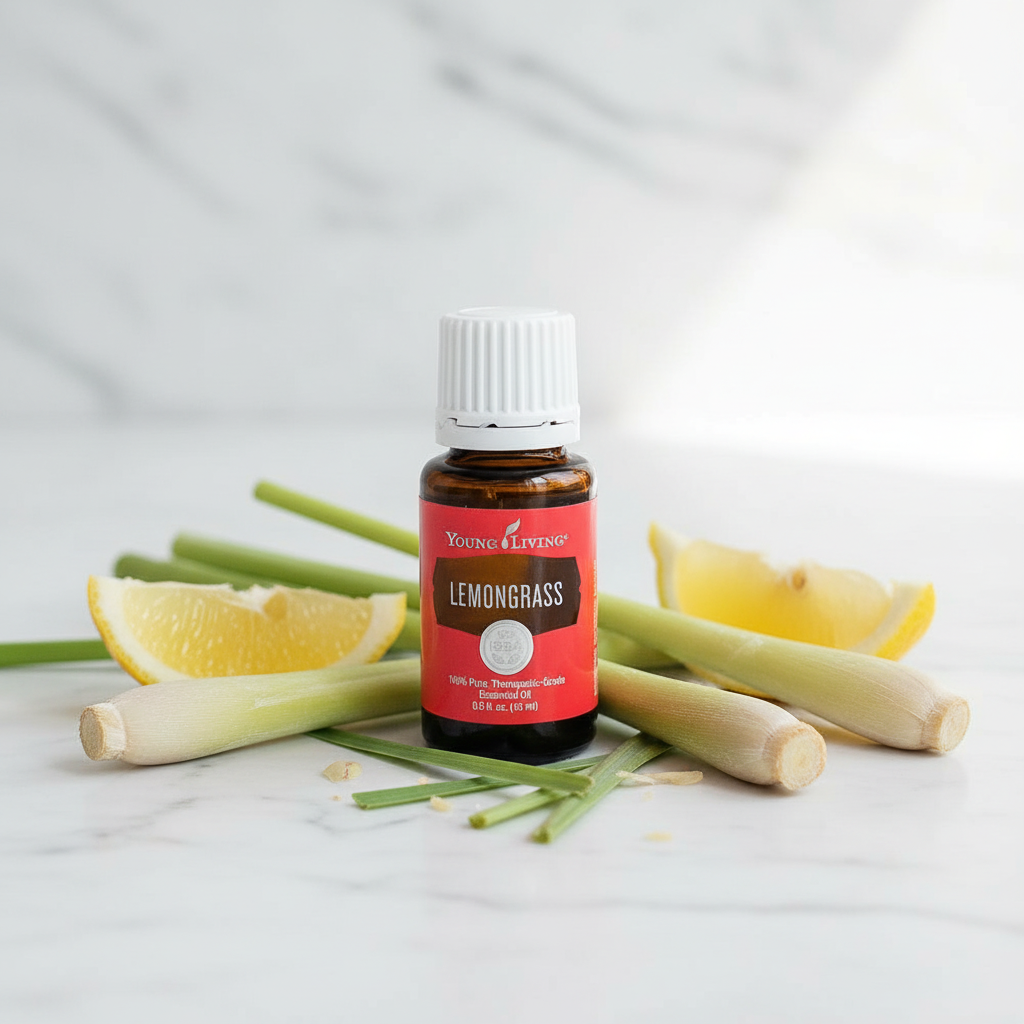 Lemongrass essential oil on marble with fresh lemongrass stalks and lemon slices