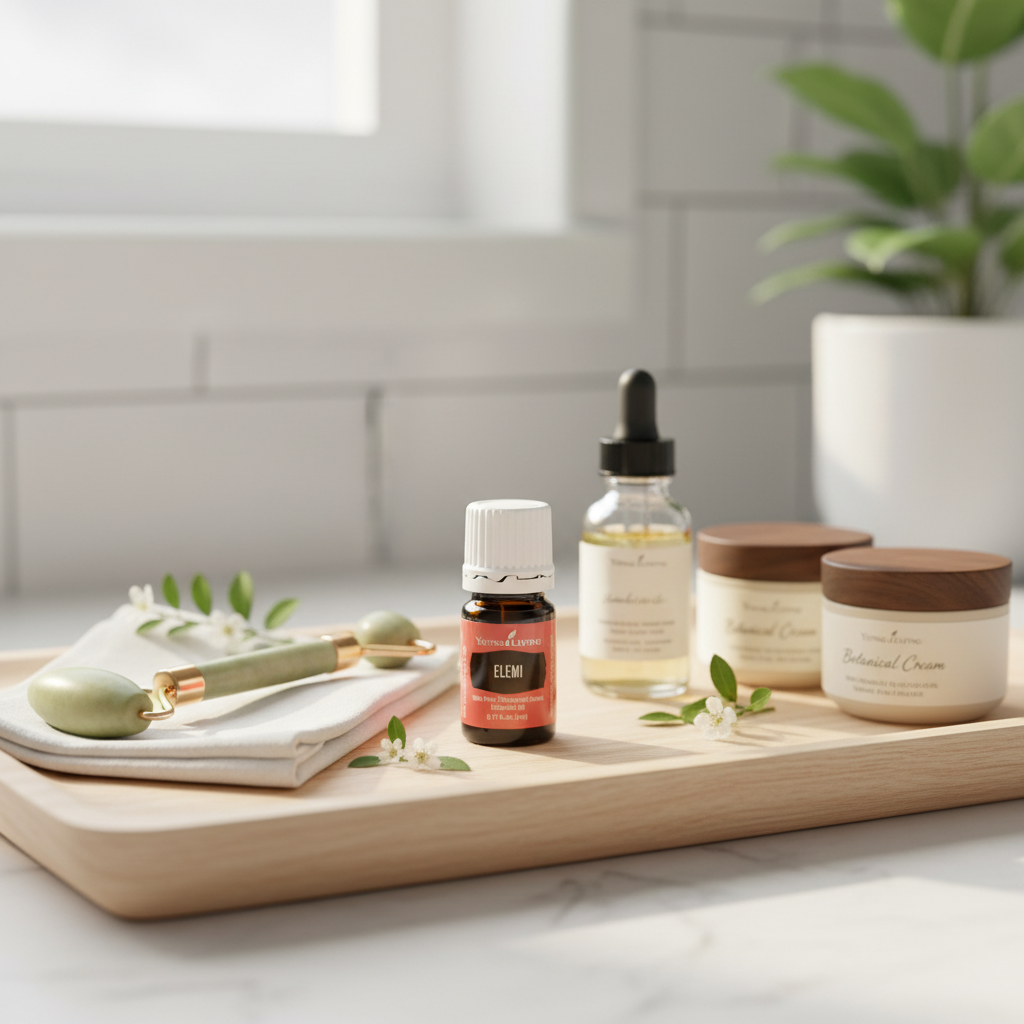 Elemi oil on skincare vanity with jade roller