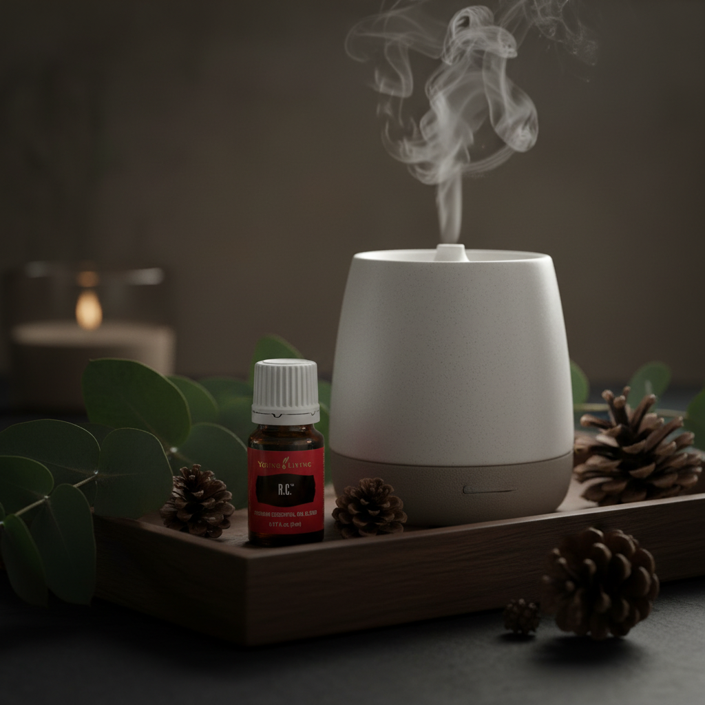 R.C. essential oil on spa tray with diffuser and pine cones