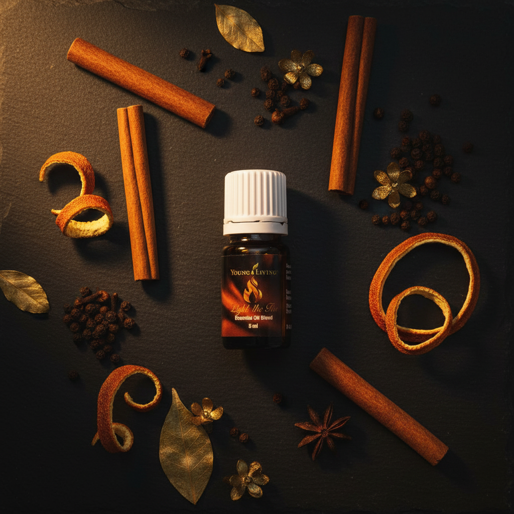 Light the Fire essential oil flat lay with cinnamon clove and golden botanicals on dark slate