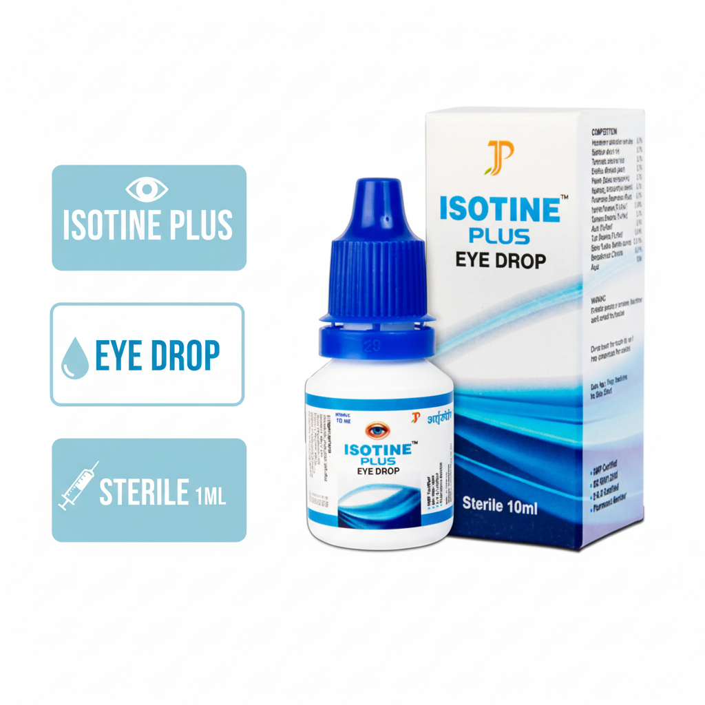 Isotine Plus Eye Drop infographic showing product name, eye drop, and sterile 10ml
