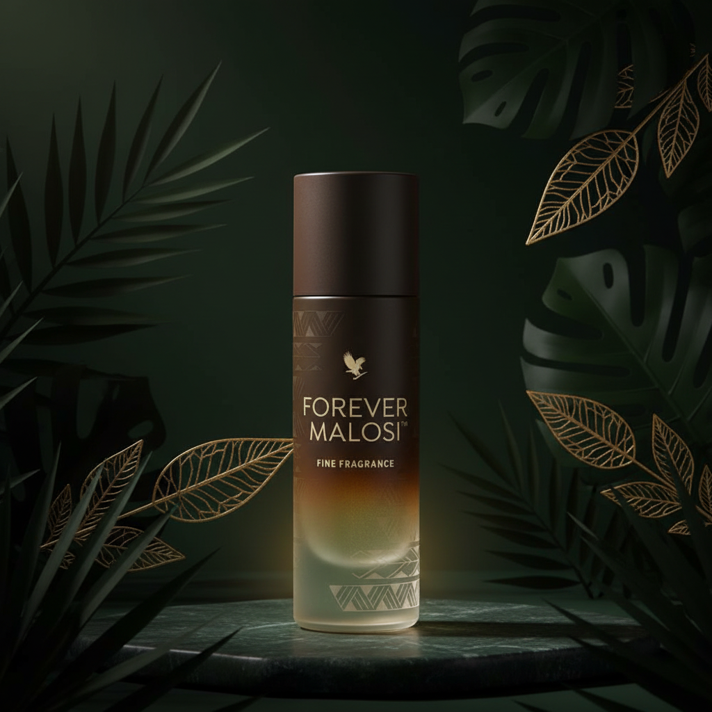 Forever Malosi Fine Fragrance on deep forest green and gold background