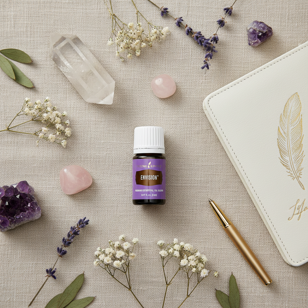 Young Living Envision oil bottle flat lay with crystals and dried flowers