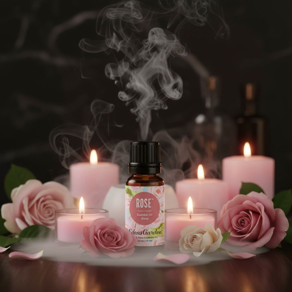 Edens Garden Rose Essential Oil with diffuser mist and candlelight