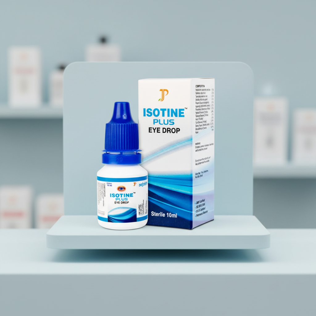 Isotine Plus Eye Drop bottle and box on a clean pharmacy-style shelf