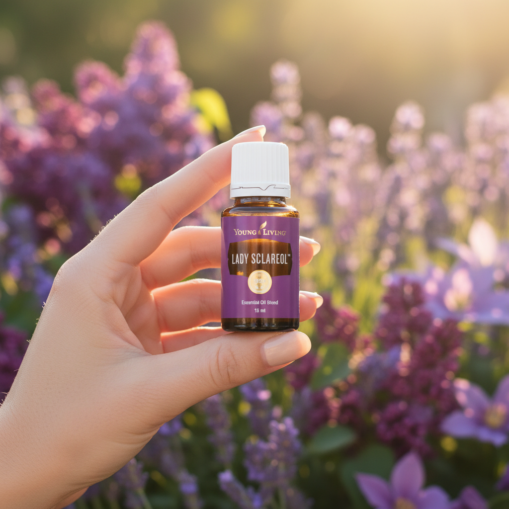 Lady Sclareol essential oil held gracefully in woman's hand with purple floral background