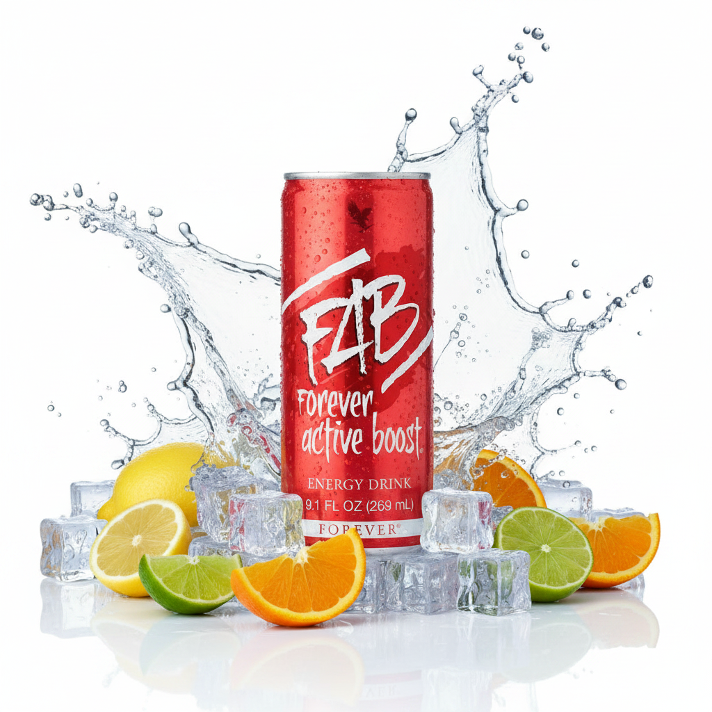 FAB Forever Active Boost can on white surface with ice and citrus splash