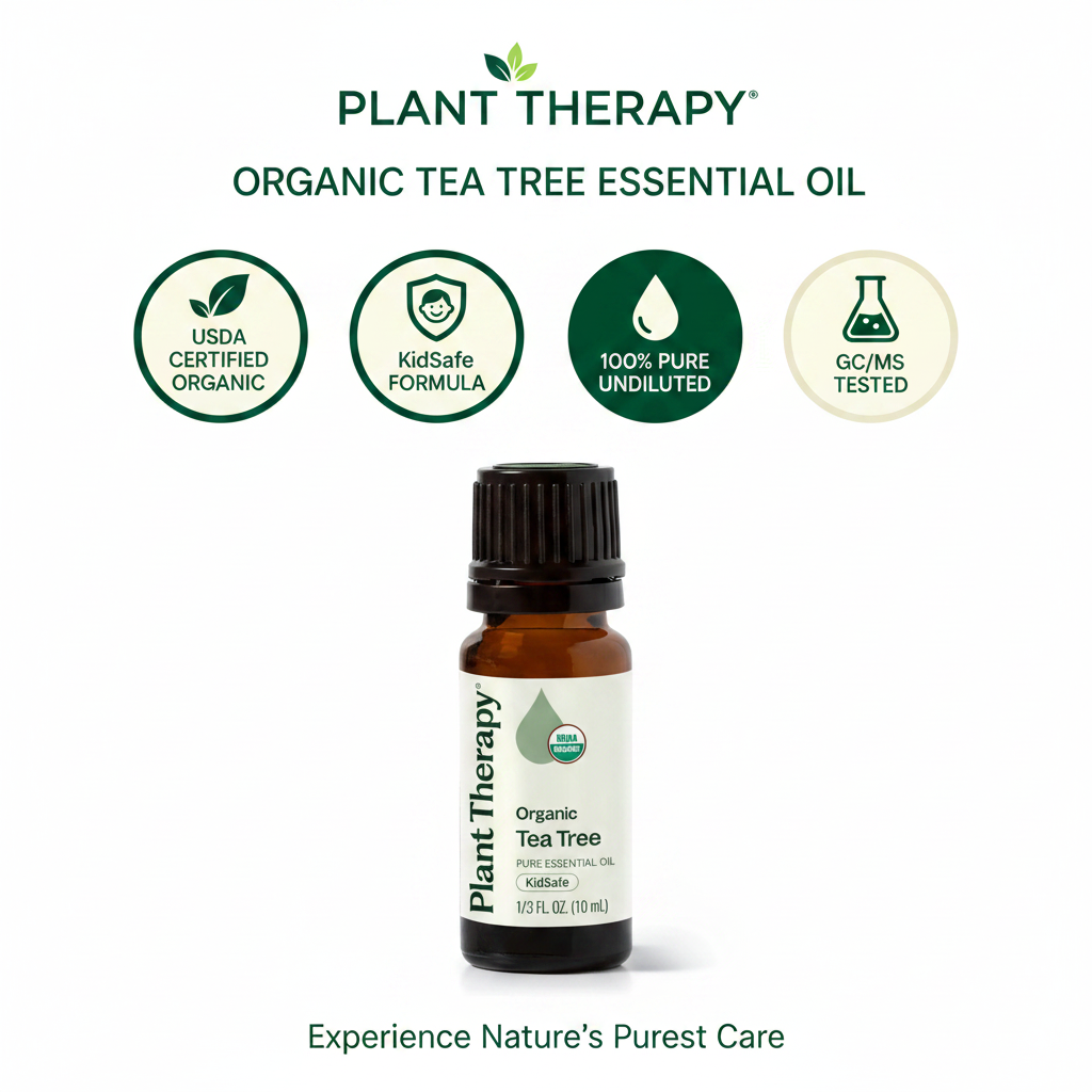 Plant Therapy Organic Tea Tree Essential Oil key benefits infographic