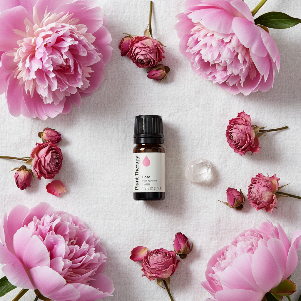 Plant Therapy Rose Pure Absolute flat lay on white linen with dried roses and crystal