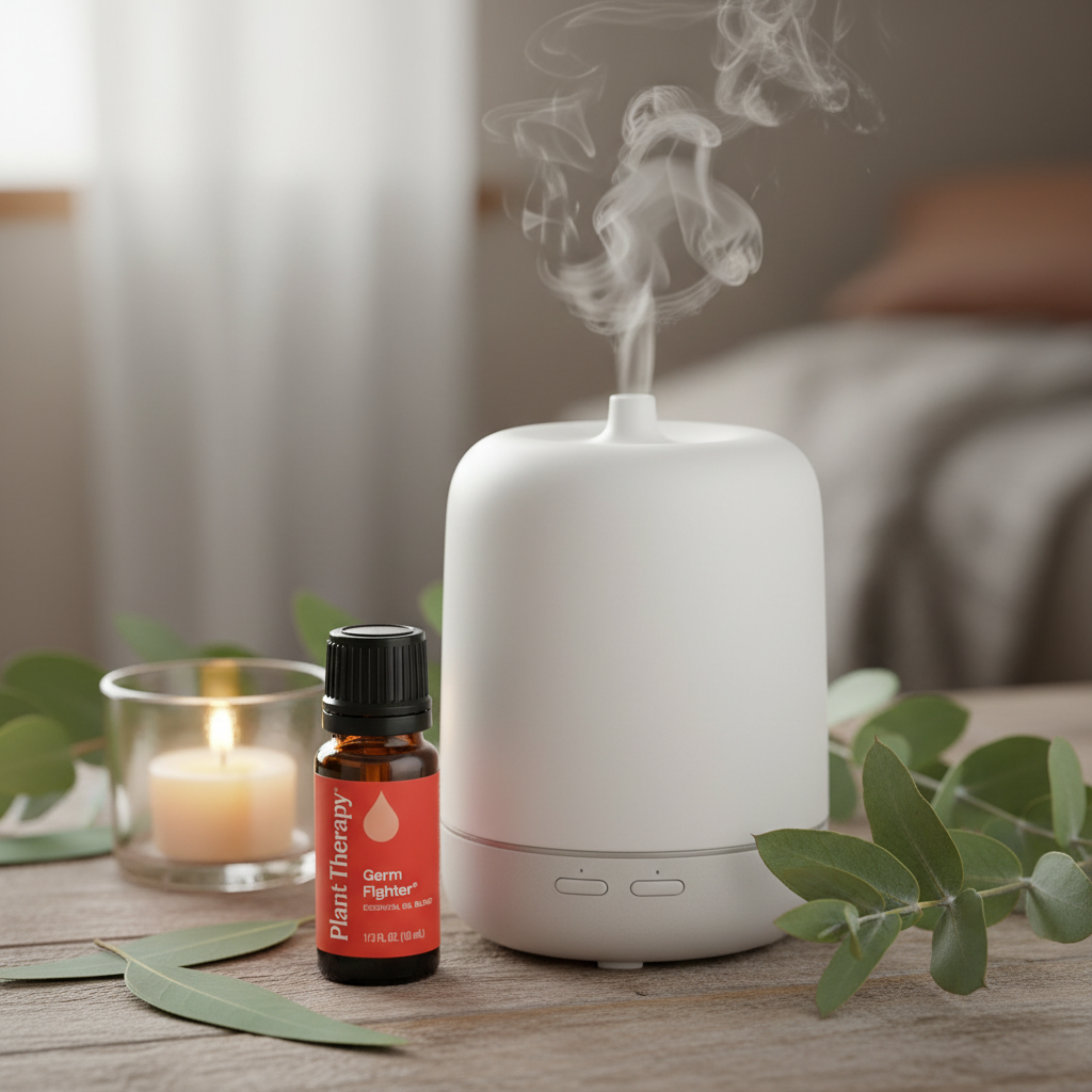 Plant Therapy Germ Fighter next to ceramic diffuser with candlelight