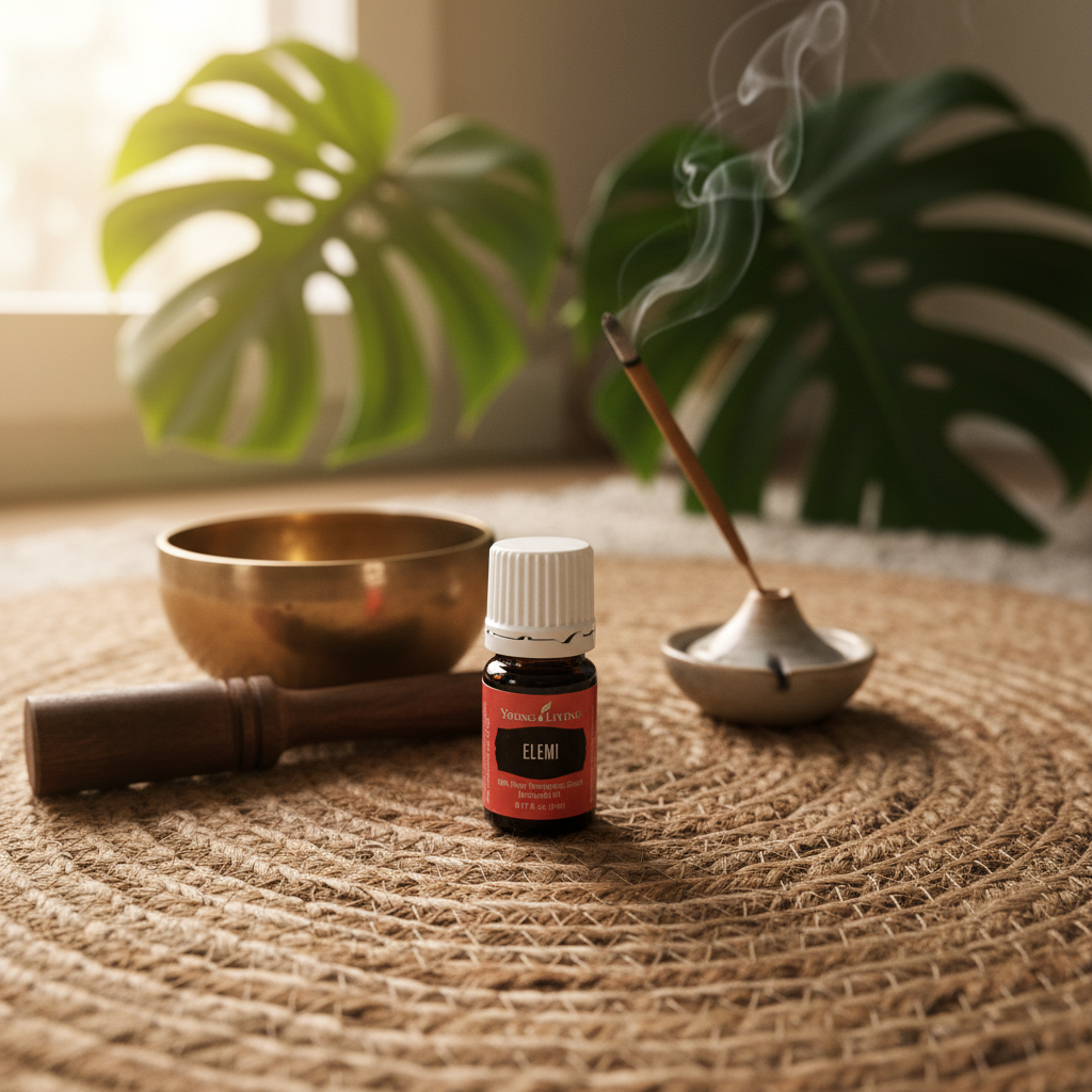 Elemi oil on meditation mat with singing bowl