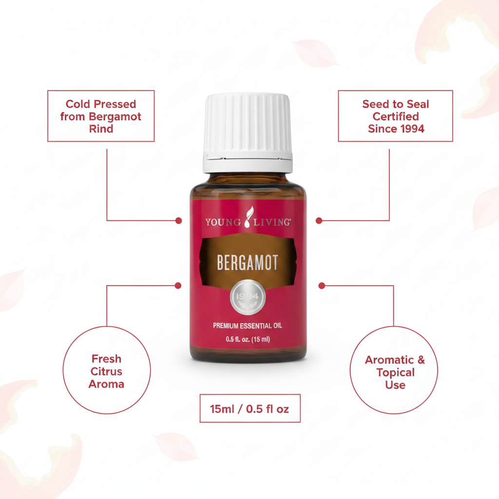 Bergamot essential oil key benefits infographic