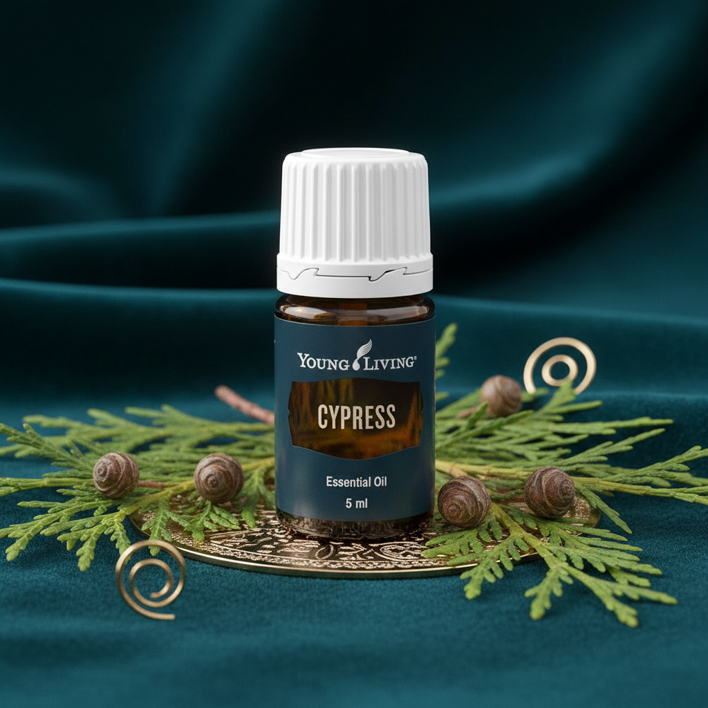 Cypress oil on dark teal velvet with gold accents luxury