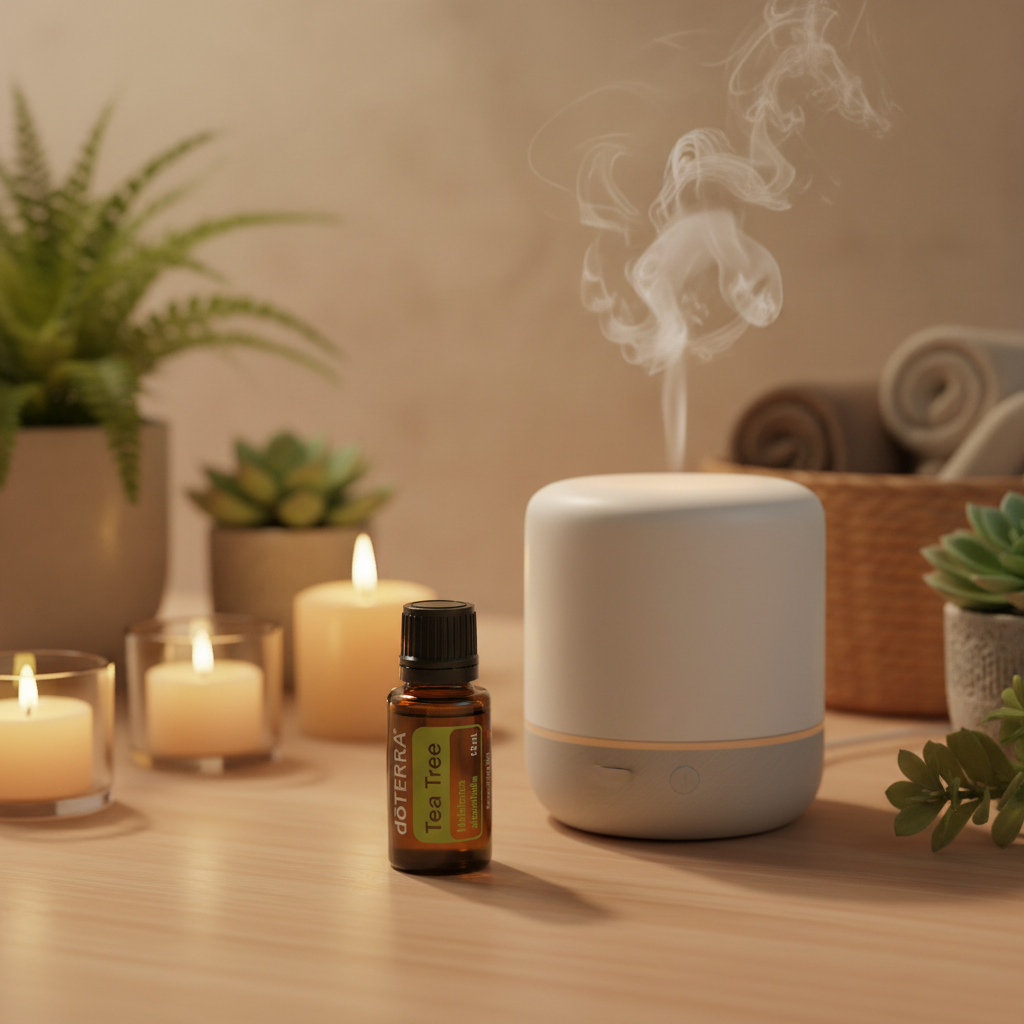 doTERRA Tea Tree Essential Oil with diffuser and candles