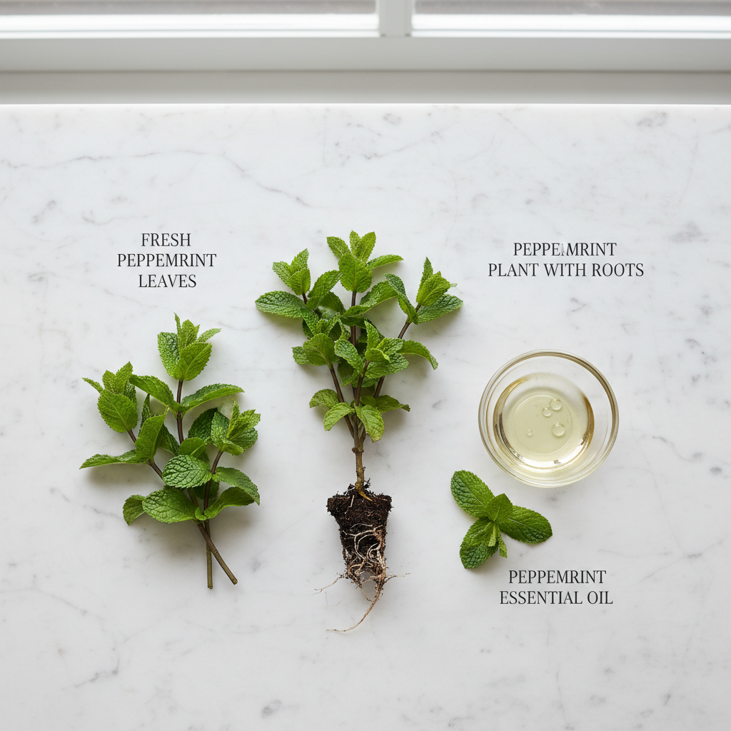 Peppermint ingredients flat lay - fresh peppermint leaves and plant