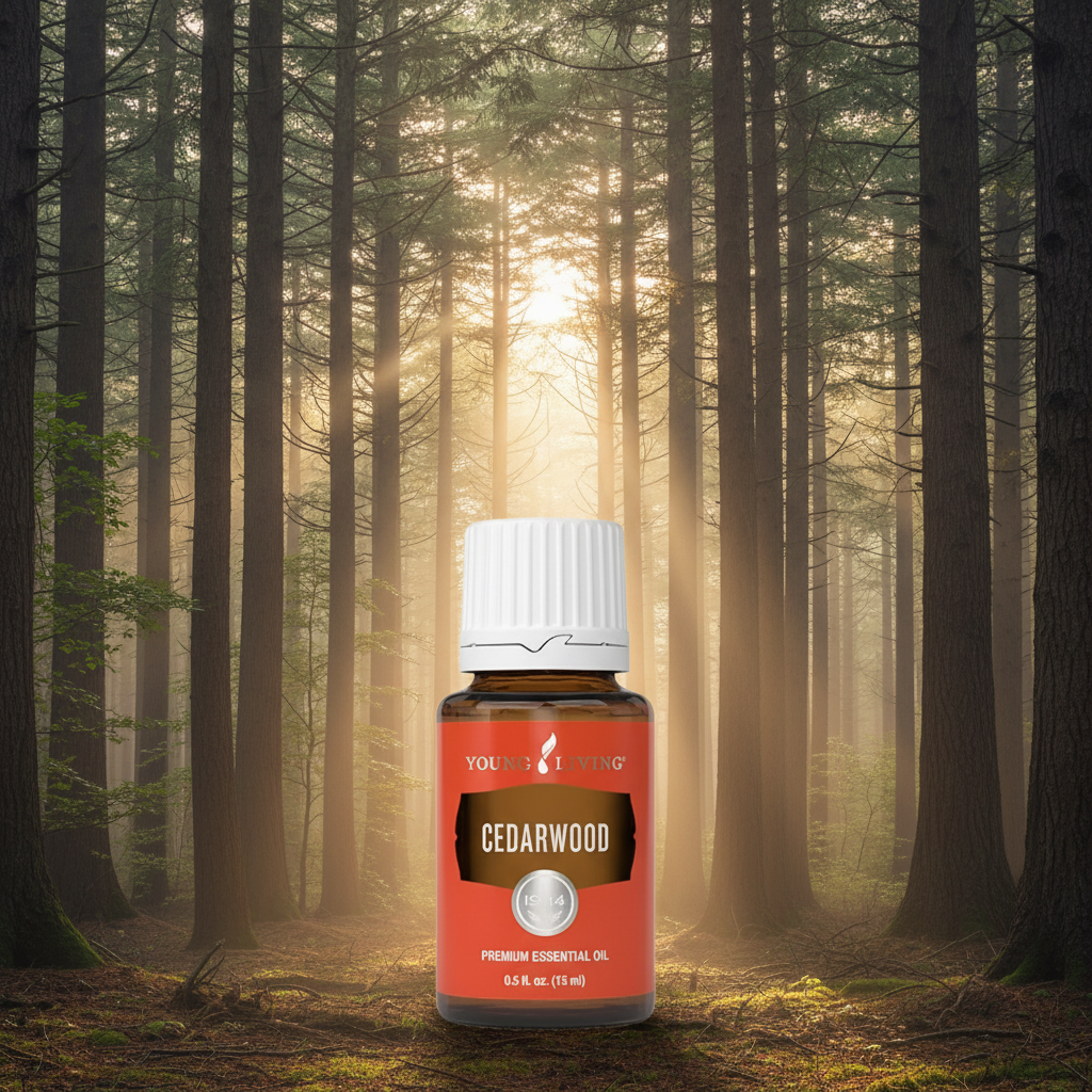 Cedarwood oil in tall cedar forest with golden sunlight