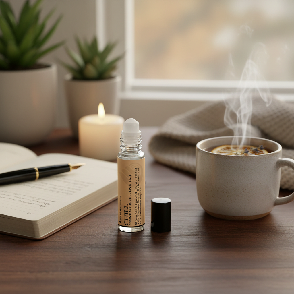 Aromine Essentials Chill Roll-On Blend on desk with journal and tea