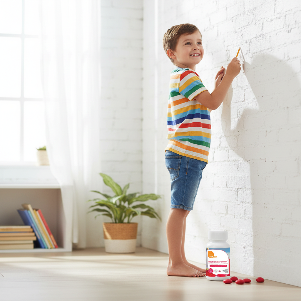 Happy child measuring height with HeightFactor Chews