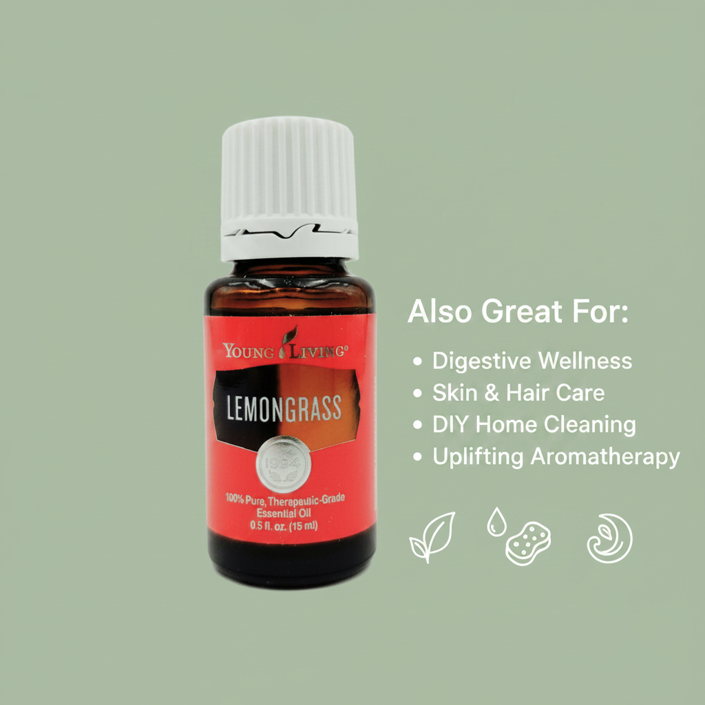 Lemongrass essential oil infographic - Also Great For Digestive Wellness, Skin Care, DIY Cleaning, Aromatherapy