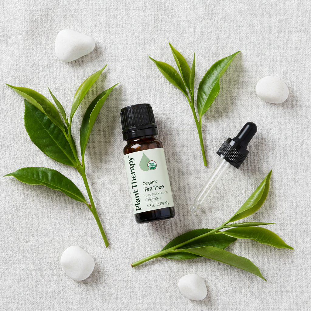 Plant Therapy Organic Tea Tree Essential Oil flat lay on white linen