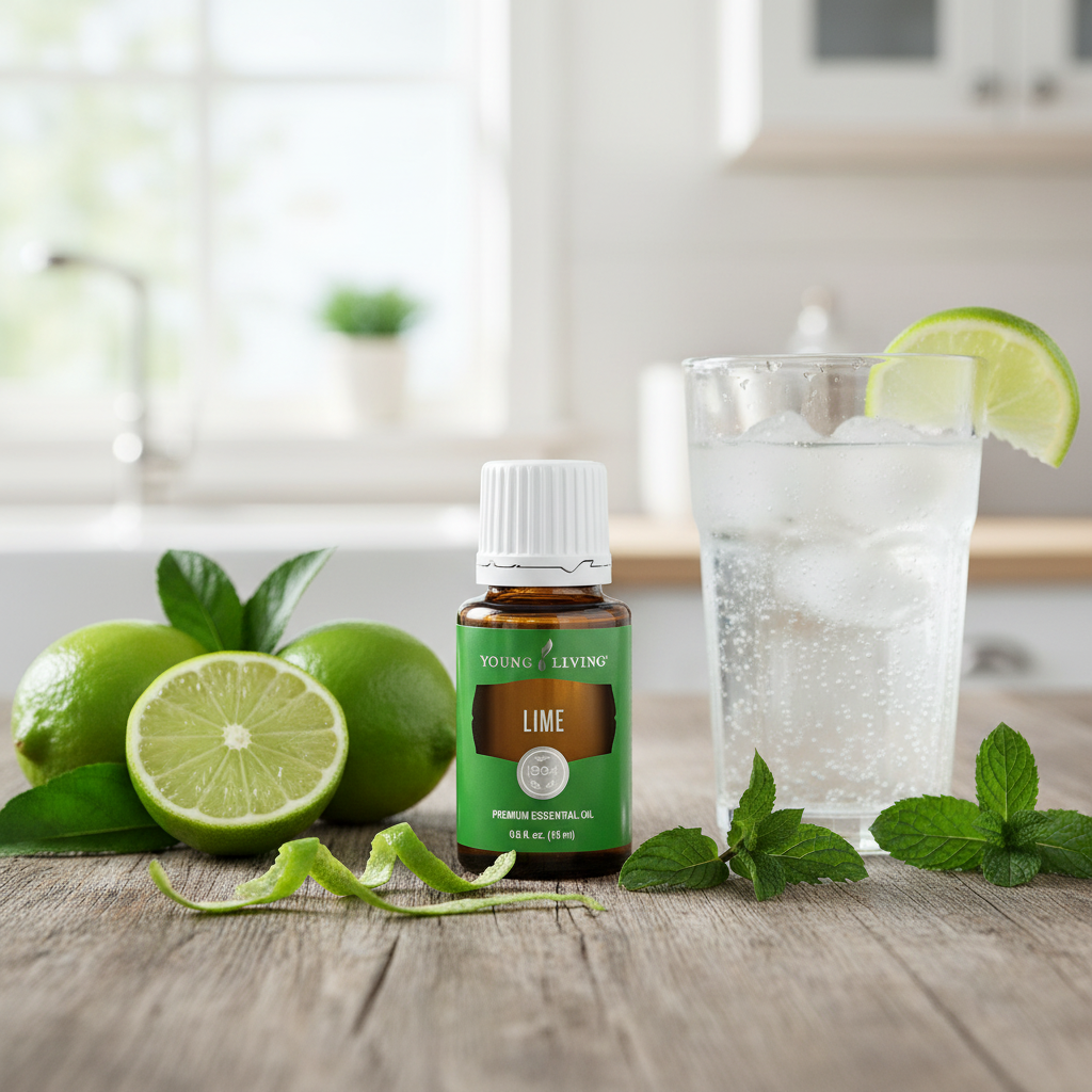 Lime essential oil on rustic wood with whole limes, mint and sparkling water