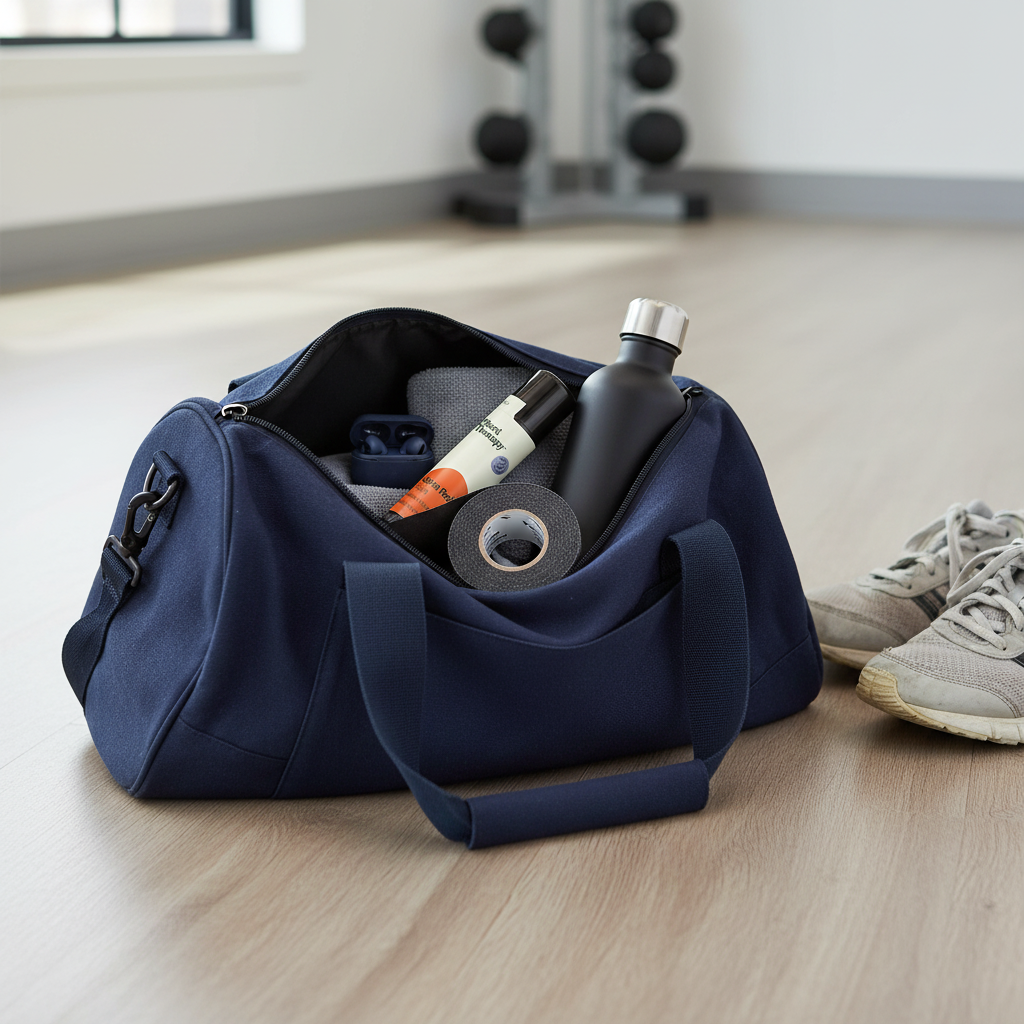 Plant Therapy Joint Relief Balm in open gym bag with athletic gear